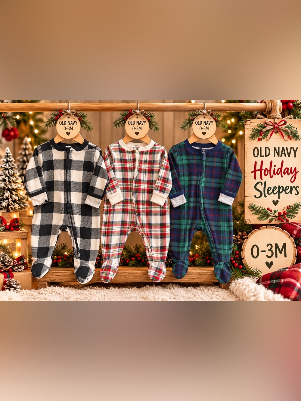 Old Navy Baby 0-3M Holiday Plaid Footed Sleepers 3 Piece Bundle Christmas